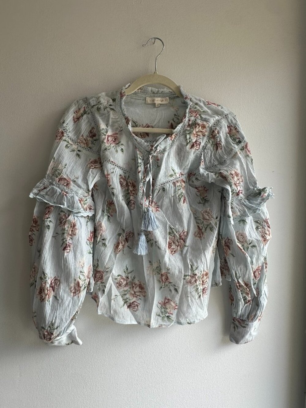 LoveShackFancy Blue Floral Ruffle Peasant Blouse Size 00